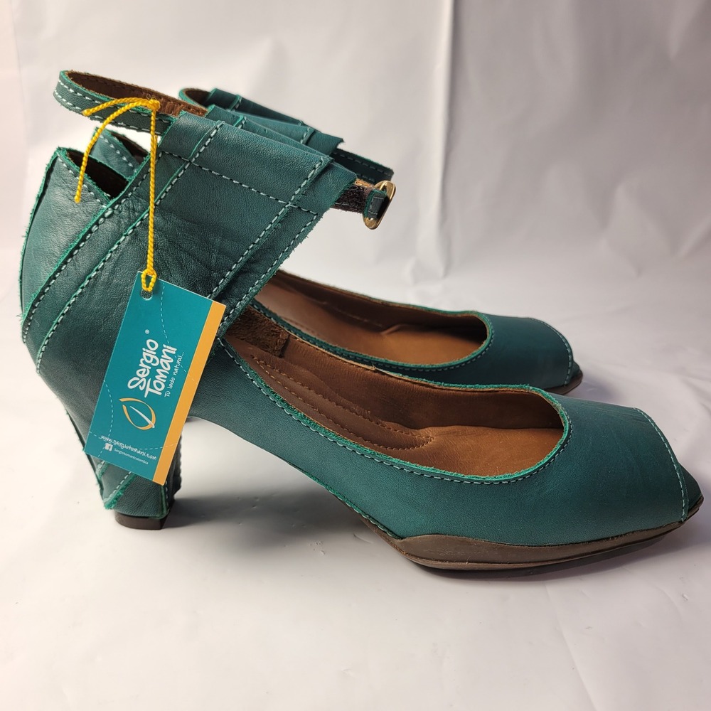 Sergio Tomani Peep Toe Heels Womens 9.5 Teal Leather Ankle Strap Contrast Stitch